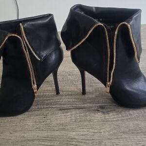 Women's Black Fold-Over Ankle Booties with Gold Zip Detail